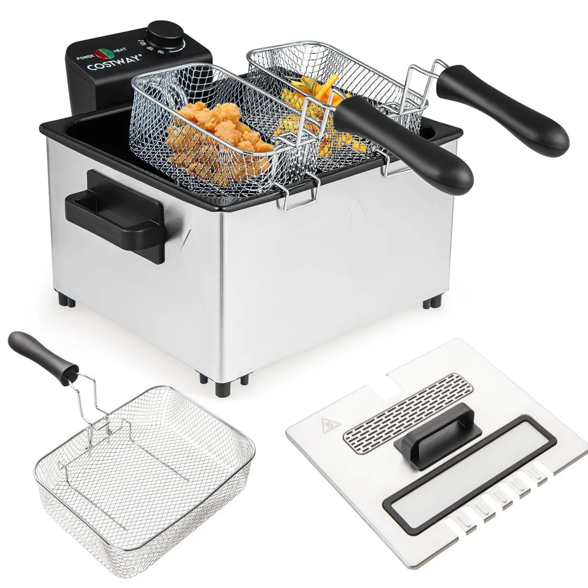 2000W Elektrische Öl-Fritteuse mit 3 Frittierkörben & Einstellbare Temperatur & Sichtfensterdeckel
