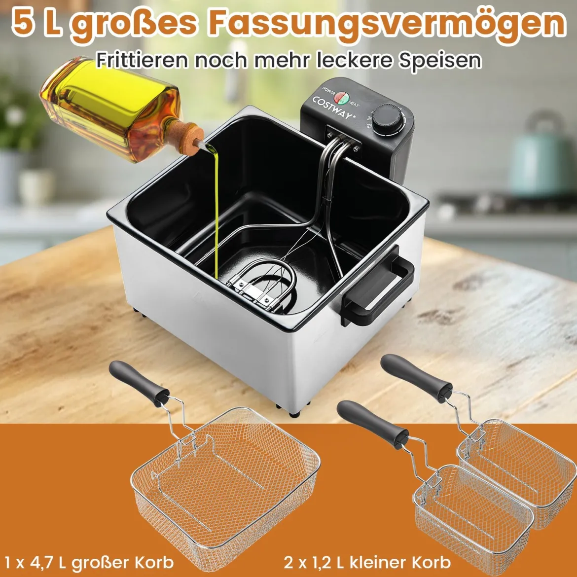 2000W Elektrische Öl-Fritteuse mit 3 Frittierkörben & Einstellbare Temperatur & Sichtfensterdeckel