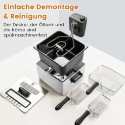 2000W Elektrische Öl-Fritteuse mit 3 Frittierkörben & Einstellbare Temperatur & Sichtfensterdeckel