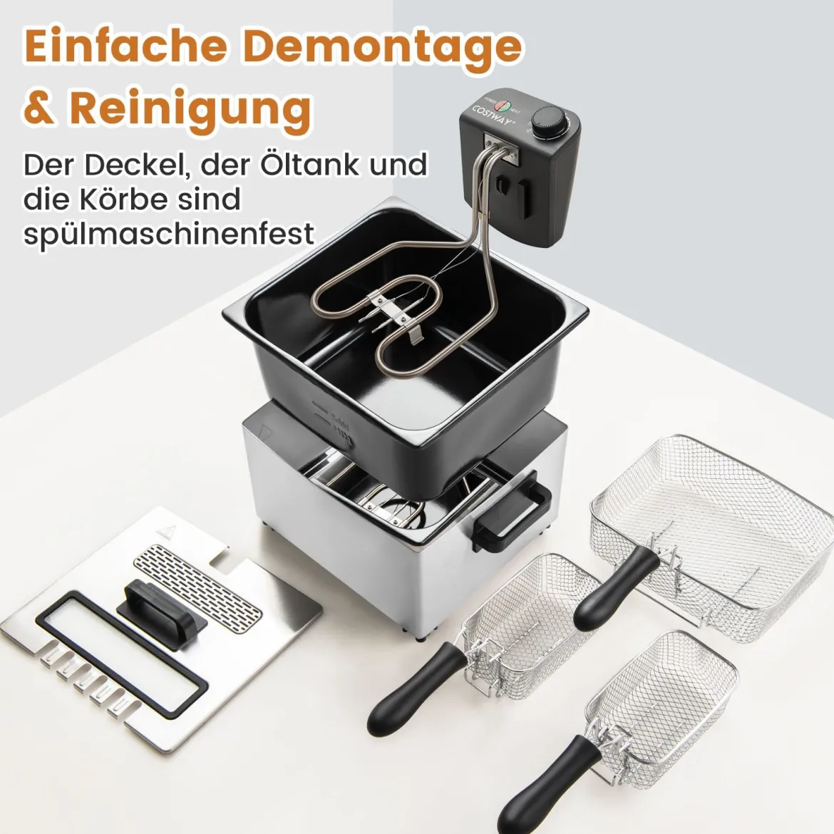 2000W Elektrische Öl-Fritteuse mit 3 Frittierkörben & Einstellbare Temperatur & Sichtfensterdeckel