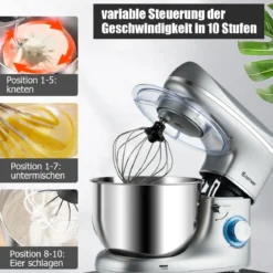 1300W Elektrischer Standmixer Rührmaschine 5,5L Küchenmaschine mit 10-stufigen Geschwindigkeit Silber