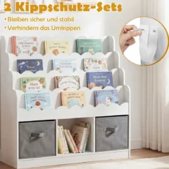 Wellenförmiges Kinder Bücherregal mit 2 Stoffschubladen & 4 Ablagen & 3 Fächern 90 x 30 x 91,5 cm