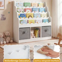 Wellenförmiges Kinder Bücherregal mit 2 Stoffschubladen & 4 Ablagen & 3 Fächern 90 x 30 x 91,5 cm