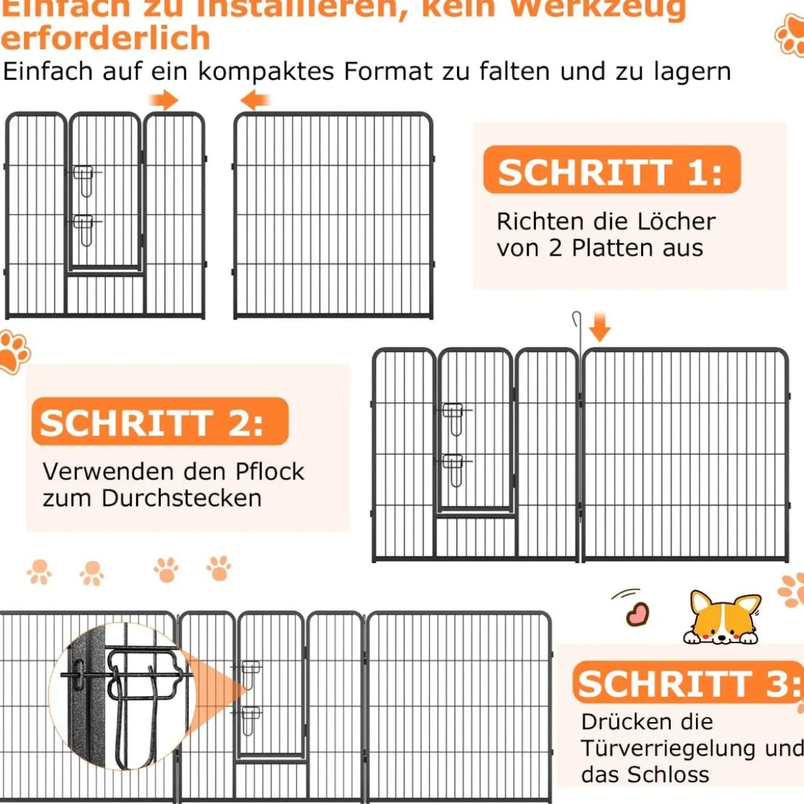Welpenauslauf 80cm hoch 8-teilig faltbares Freilaufgehege Hundelaufstall Metall Schwarz