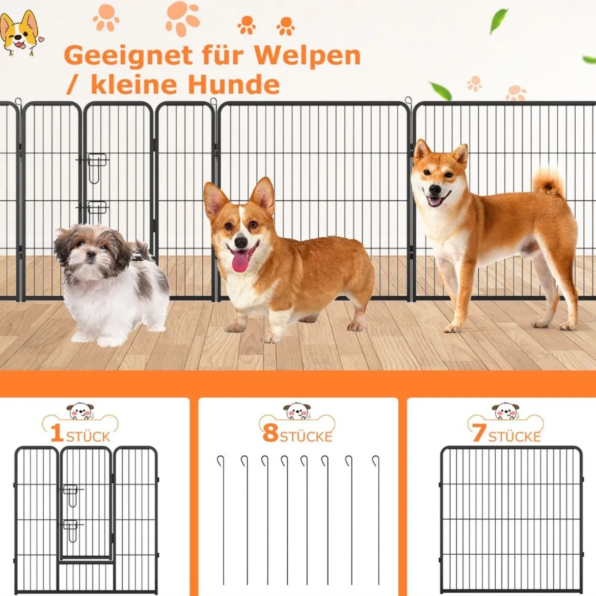 Welpenauslauf 80cm hoch 8-teilig faltbares Freilaufgehege Hundelaufstall Metall Schwarz
