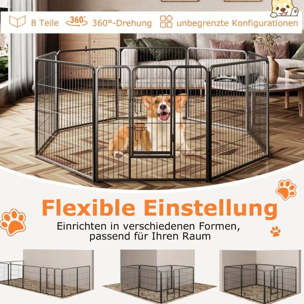 Welpenauslauf 80cm hoch 8-teilig faltbares Freilaufgehege Hundelaufstall Metall Schwarz