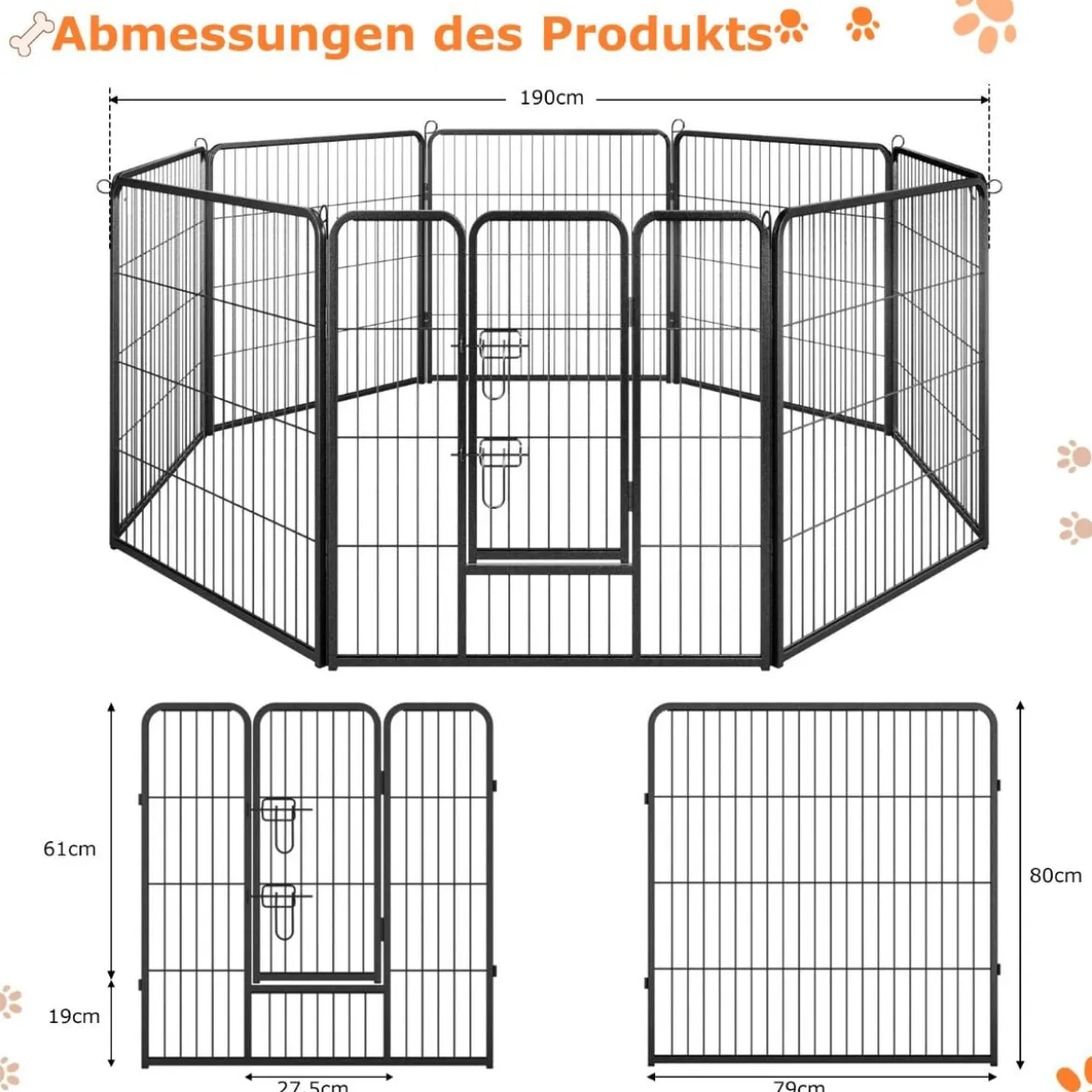 Welpenauslauf 80cm hoch 8-teilig faltbares Freilaufgehege Hundelaufstall Metall Schwarz