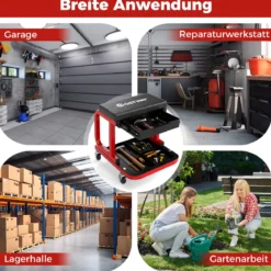 Werkstatthocker mit Rollen & 185 kg Tragfähigkeit Werkstatt Rollsitz Arbeitshocker Schwarz