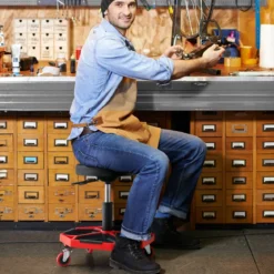 Werkstatt Rollsitz mit Ablage & 4 Universalrollen 150 kg Belastbar Höhenverstellbar Rot + Schwarz