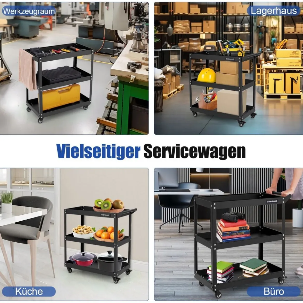 Werkstatt-Rollwagen 3 Etagen Werkstattwagen mit 4 Universalrädern & Griff 73 x 36 x 75 cm Schwarz