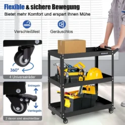 Werkstatt-Rollwagen 3 Etagen Werkstattwagen mit 4 Universalrädern & Griff 73 x 36 x 75 cm Schwarz