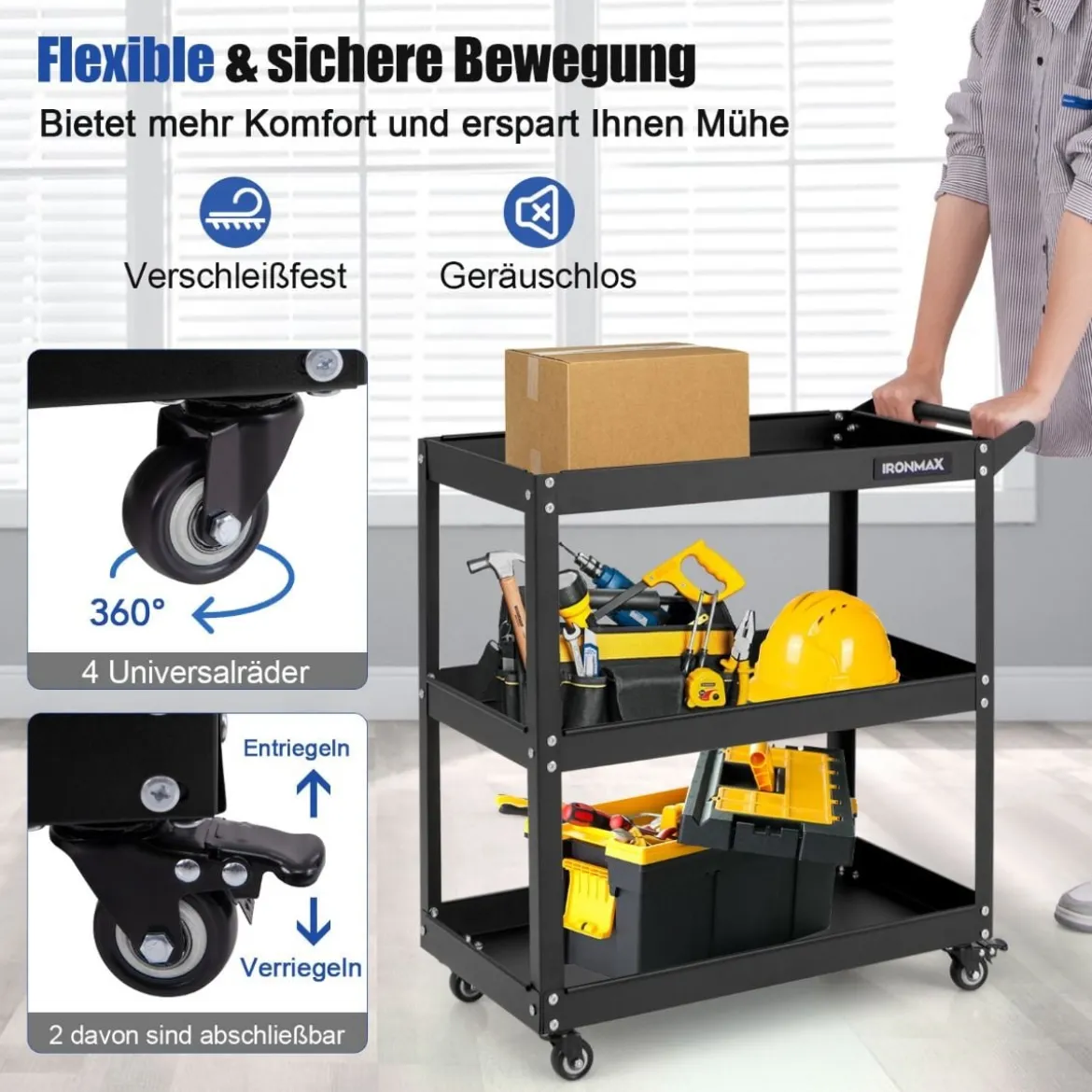 Werkstatt-Rollwagen 3 Etagen Werkstattwagen mit 4 Universalrädern & Griff 73 x 36 x 75 cm Schwarz