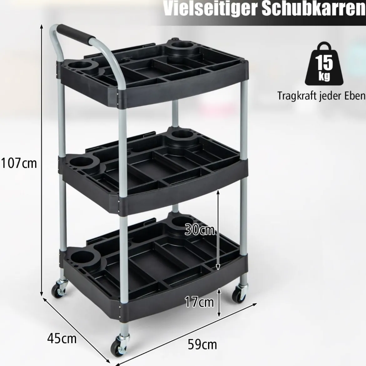 Werkstattwagen Rollwagen mit 3 Etagen Werkzeugwagen mit abgetrennten Fächern 59 x 45 x 107 cm Schwarz