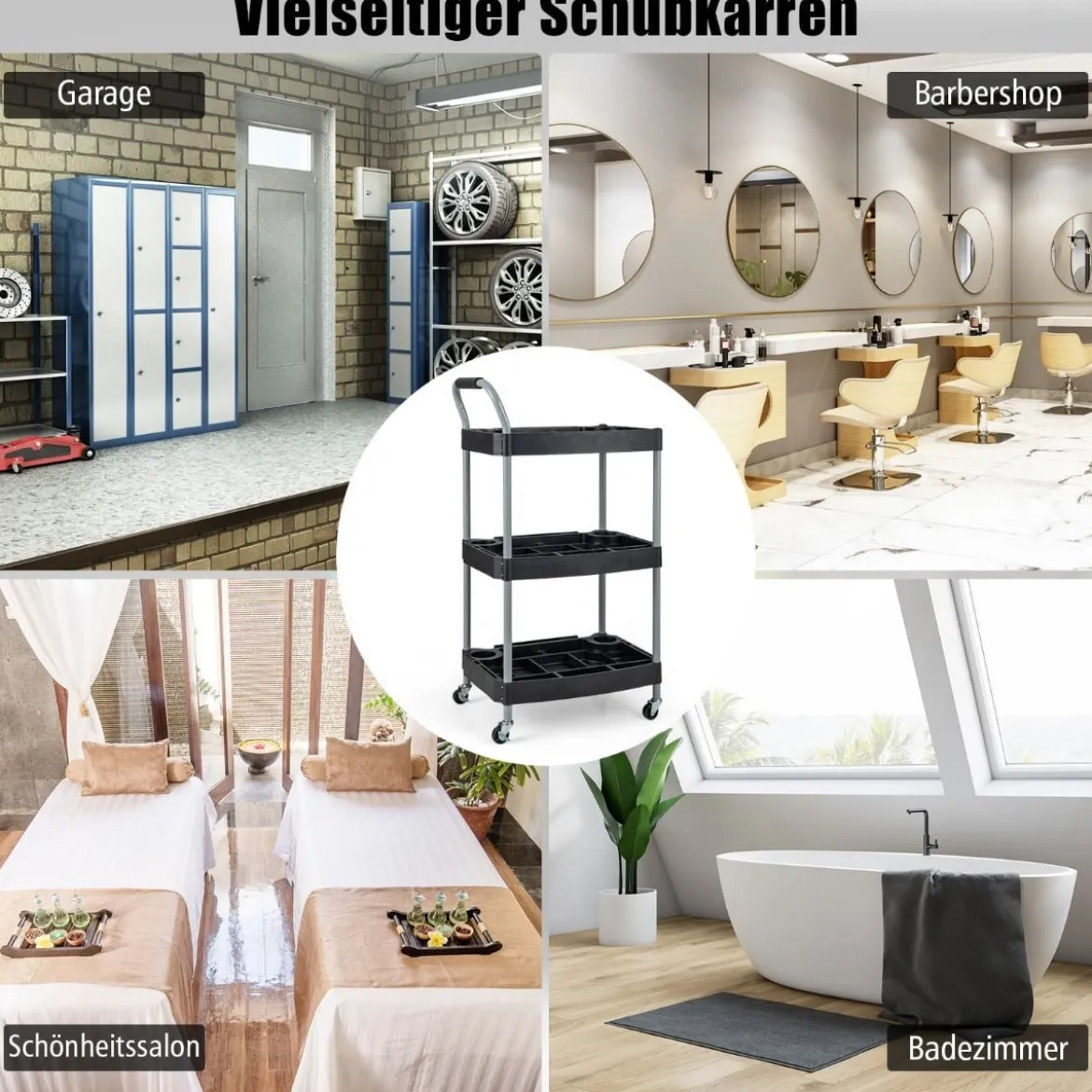 Werkstattwagen Rollwagen mit 3 Etagen Werkzeugwagen mit abgetrennten Fächern 59 x 45 x 107 cm Schwarz