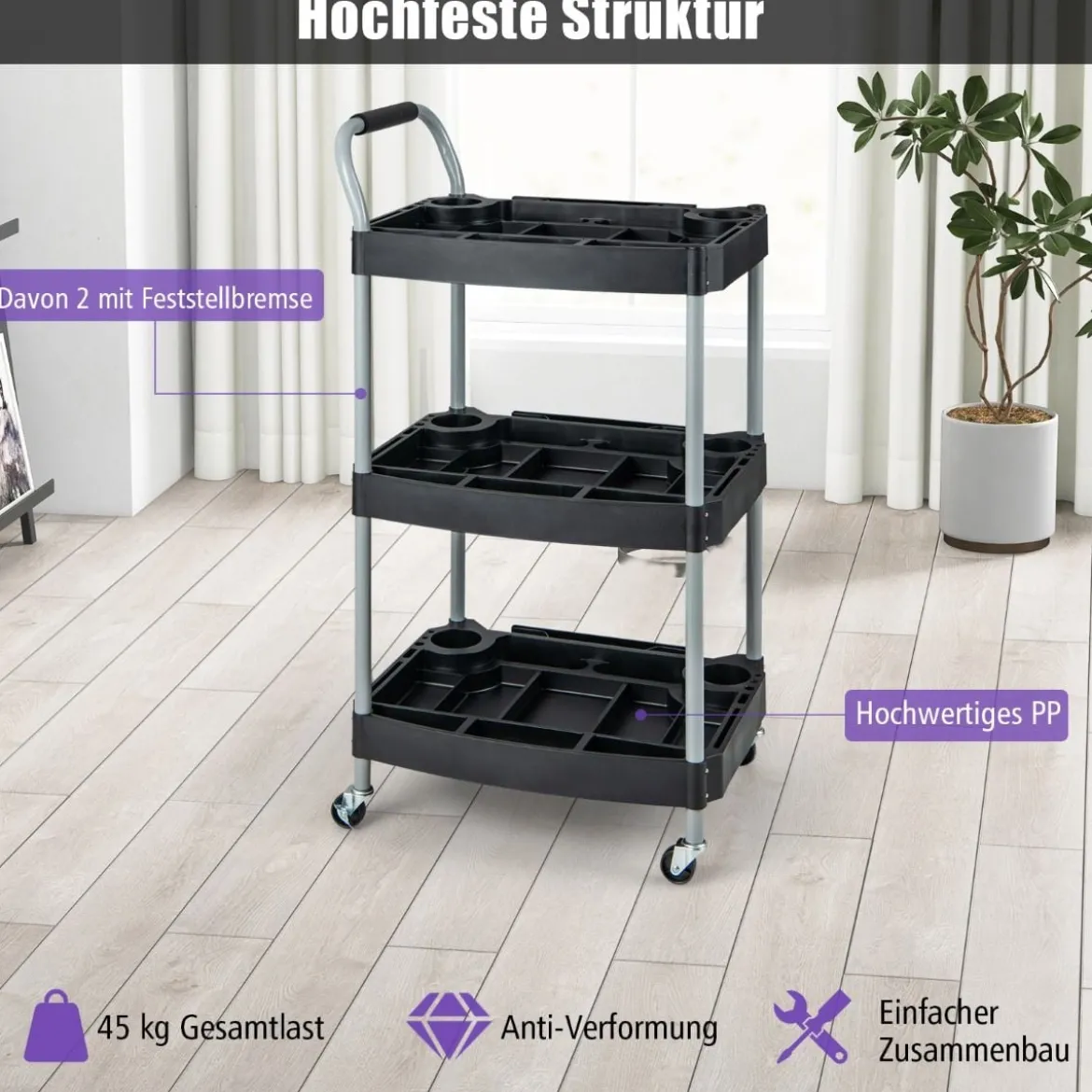 Werkstattwagen Rollwagen mit 3 Etagen Werkzeugwagen mit abgetrennten Fächern 59 x 45 x 107 cm Schwarz