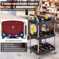Werkstattwagen Rollwagen mit 3 Etagen Werkzeugwagen mit abgetrennten Fächern 59 x 45 x 107 cm Schwarz