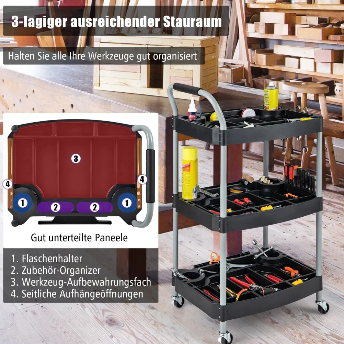 Werkstattwagen Rollwagen mit 3 Etagen Werkzeugwagen mit abgetrennten Fächern 59 x 45 x 107 cm Schwarz