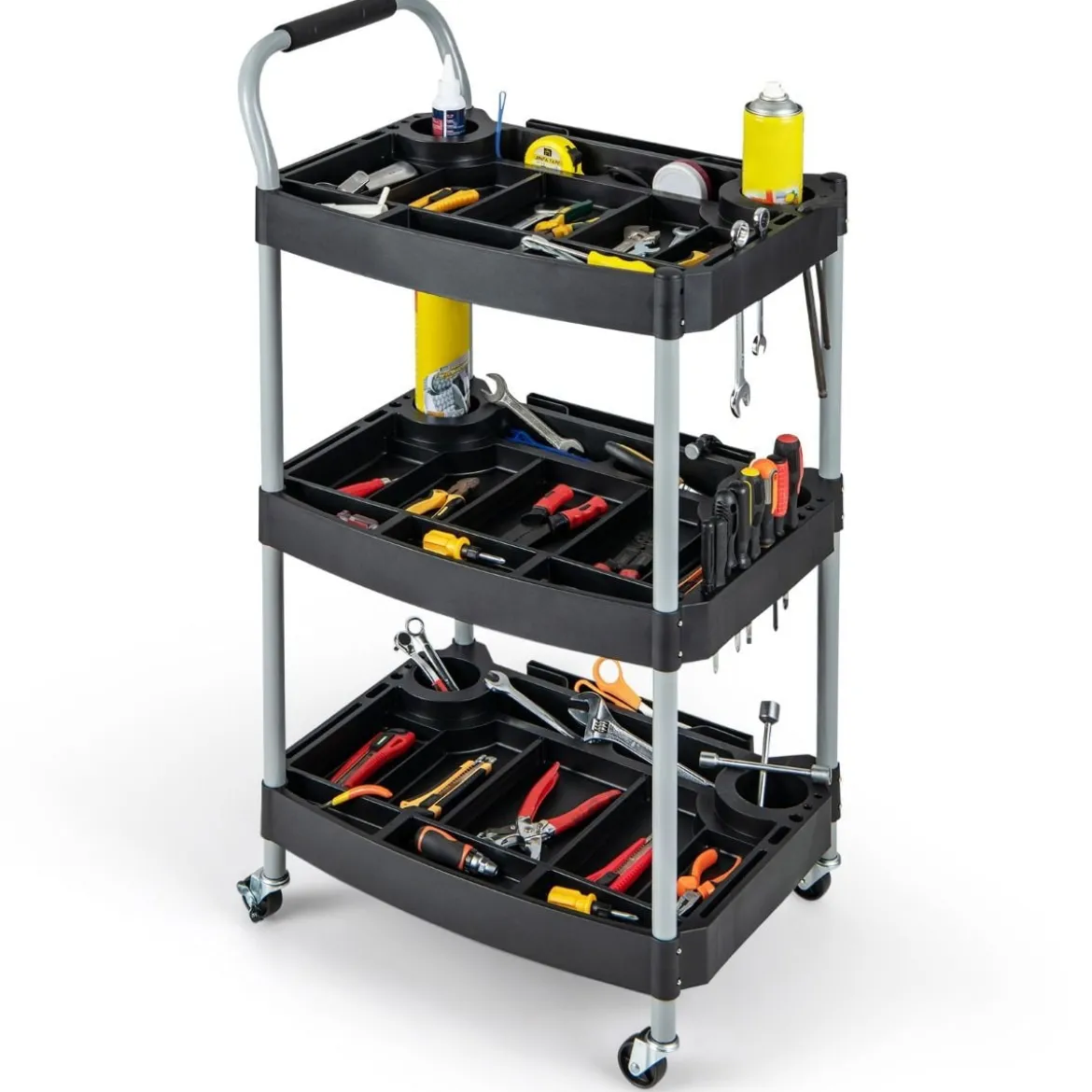 Werkstattwagen Rollwagen mit 3 Etagen Werkzeugwagen mit abgetrennten Fächern 59 x 45 x 107 cm Schwarz