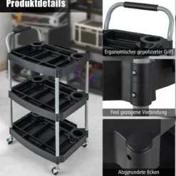 Werkstattwagen Rollwagen mit 3 Etagen Werkzeugwagen mit abgetrennten Fächern 59 x 45 x 107 cm Schwarz