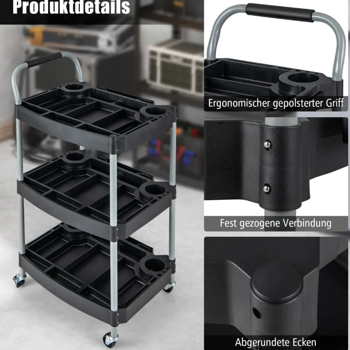 Werkstattwagen Rollwagen mit 3 Etagen Werkzeugwagen mit abgetrennten Fächern 59 x 45 x 107 cm Schwarz