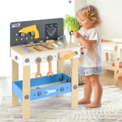 Werkzeugbank für Kinder hölzernes Werkbank-Spielset zum Rollenspiel mit Stecktafel Kreidetafel und Ablageregal