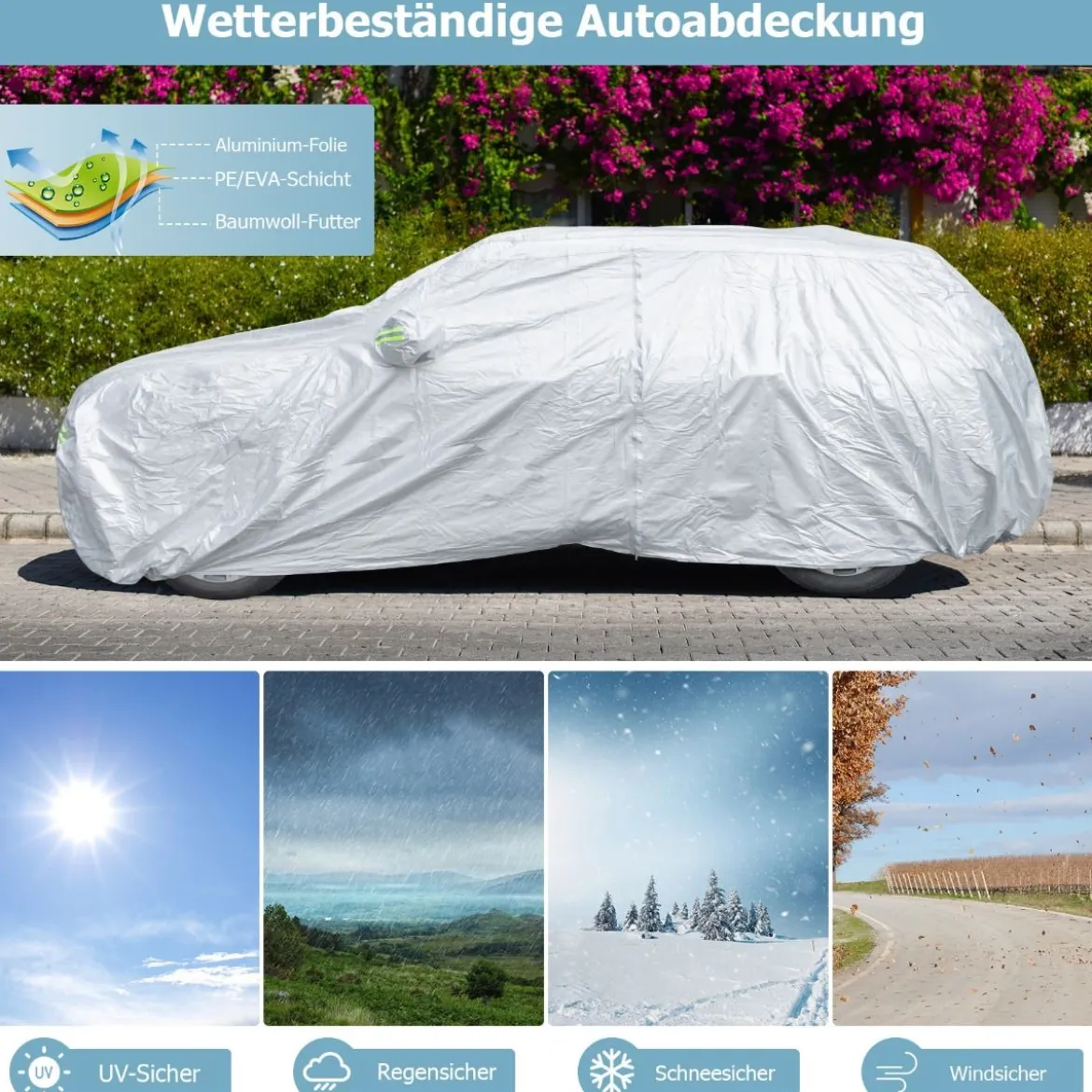 Wetterfeste Abdeckplane für Fahrzeuge Autoabdeckung mit Reißverschlusstür 516 x 191 x 164 cm Silber