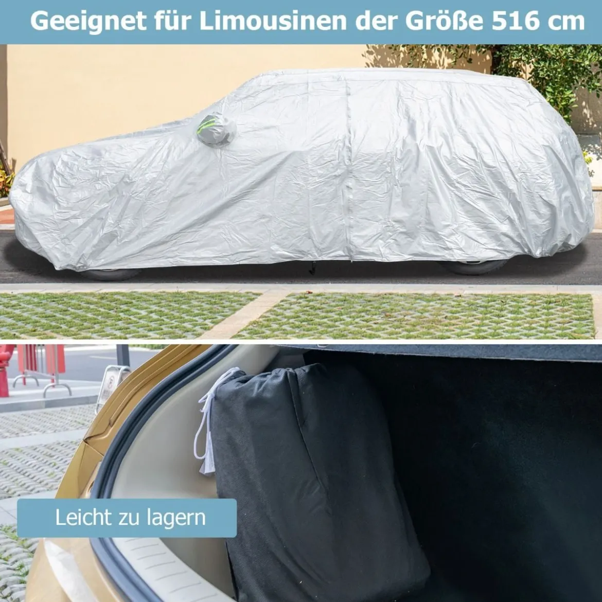 Wetterfeste Abdeckplane für Fahrzeuge Autoabdeckung mit Reißverschlusstür 516 x 191 x 164 cm Silber