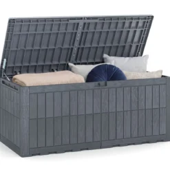 Wetterfeste Auflagenbox 680L Outdoor Aufbewahrungsbox mit Abschließbarem Deckel & Gasdruckfedern Grau
