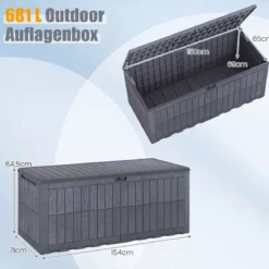 Wetterfeste Auflagenbox 680L Outdoor Aufbewahrungsbox mit Abschließbarem Deckel & Gasdruckfedern Grau