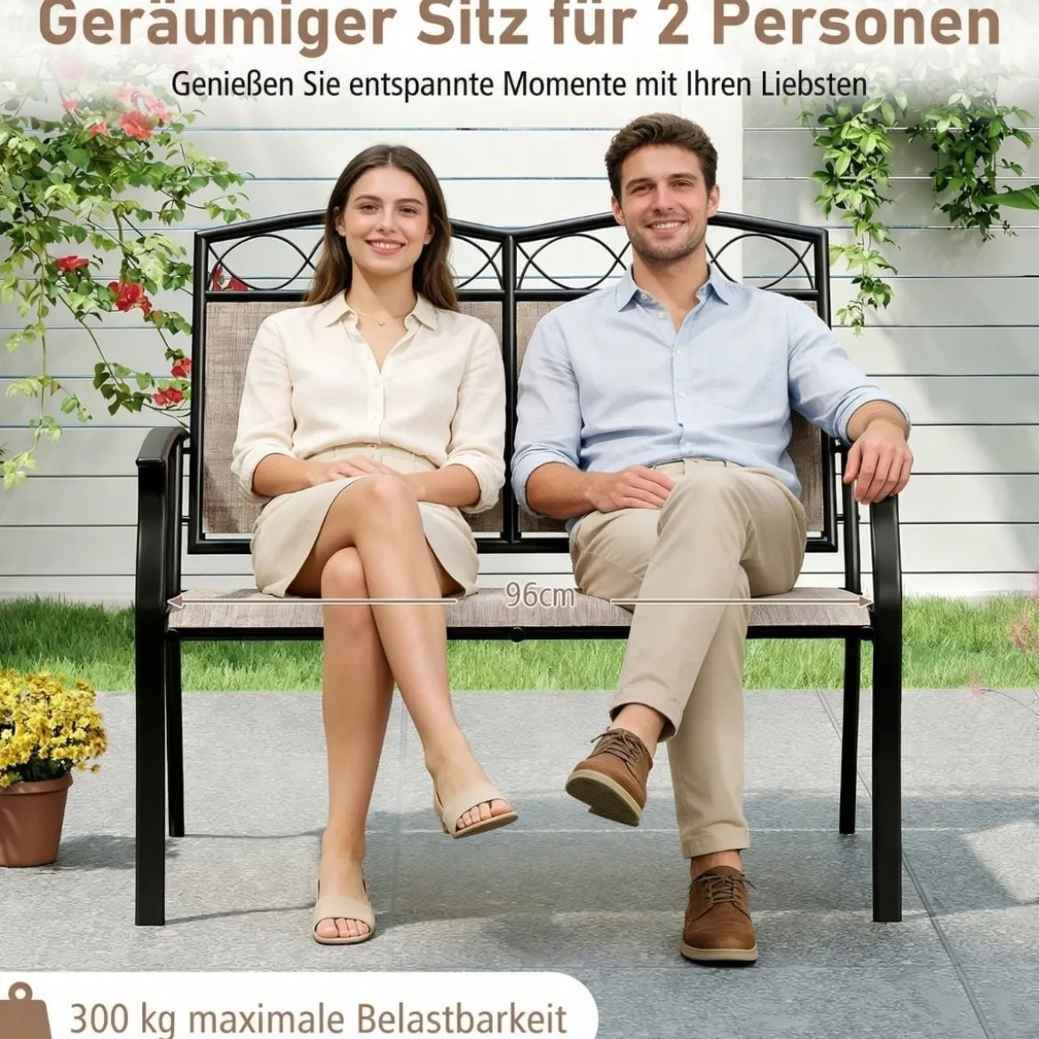 Wetterfeste Gartenbank für 2 Personen Outdoor Sitzbank bis 300 kg Belastbar Stoff Balkonbank