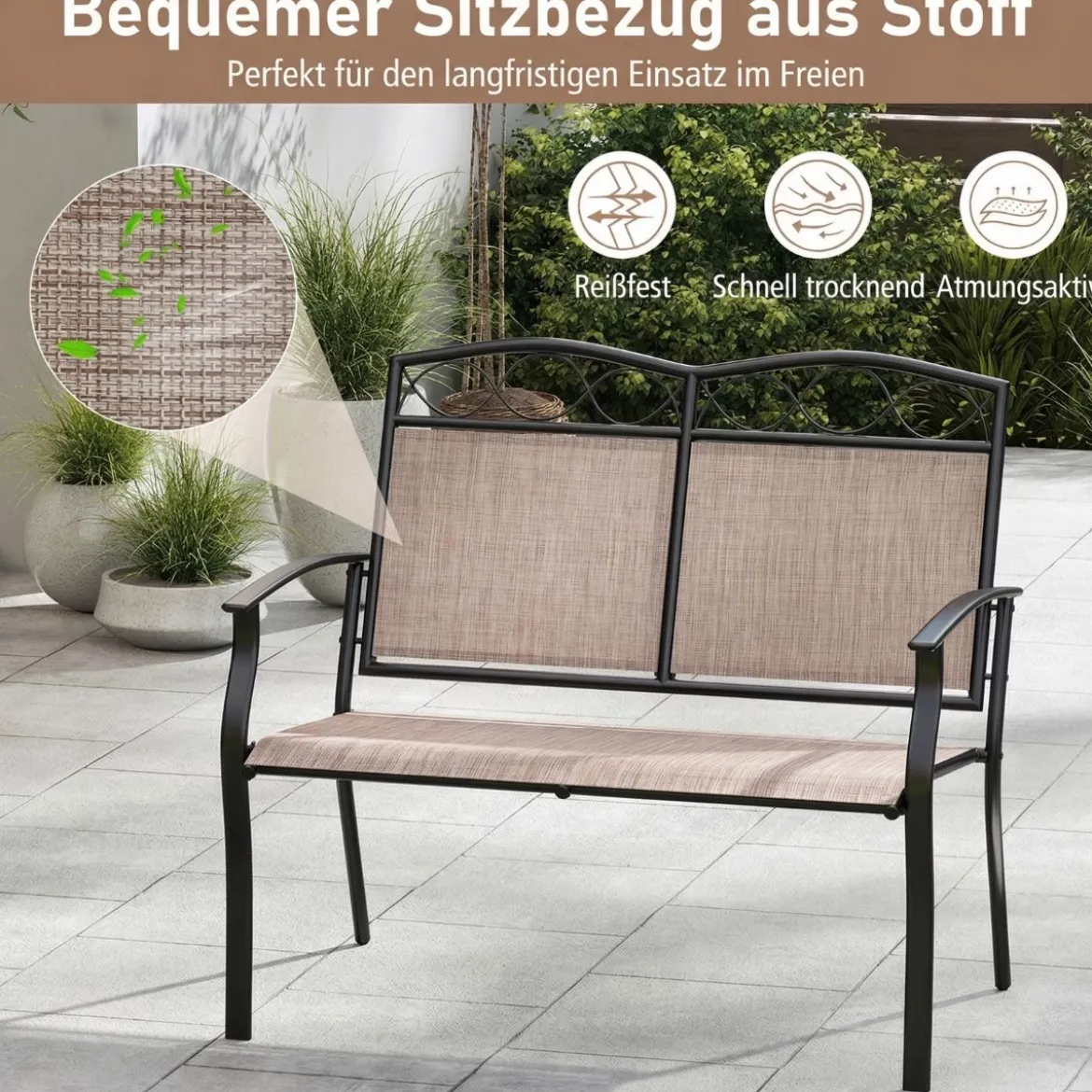 Wetterfeste Gartenbank für 2 Personen Outdoor Sitzbank bis 300 kg Belastbar Stoff Balkonbank