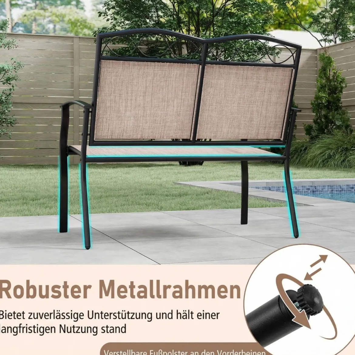 Wetterfeste Gartenbank für 2 Personen Outdoor Sitzbank bis 300 kg Belastbar Stoff Balkonbank