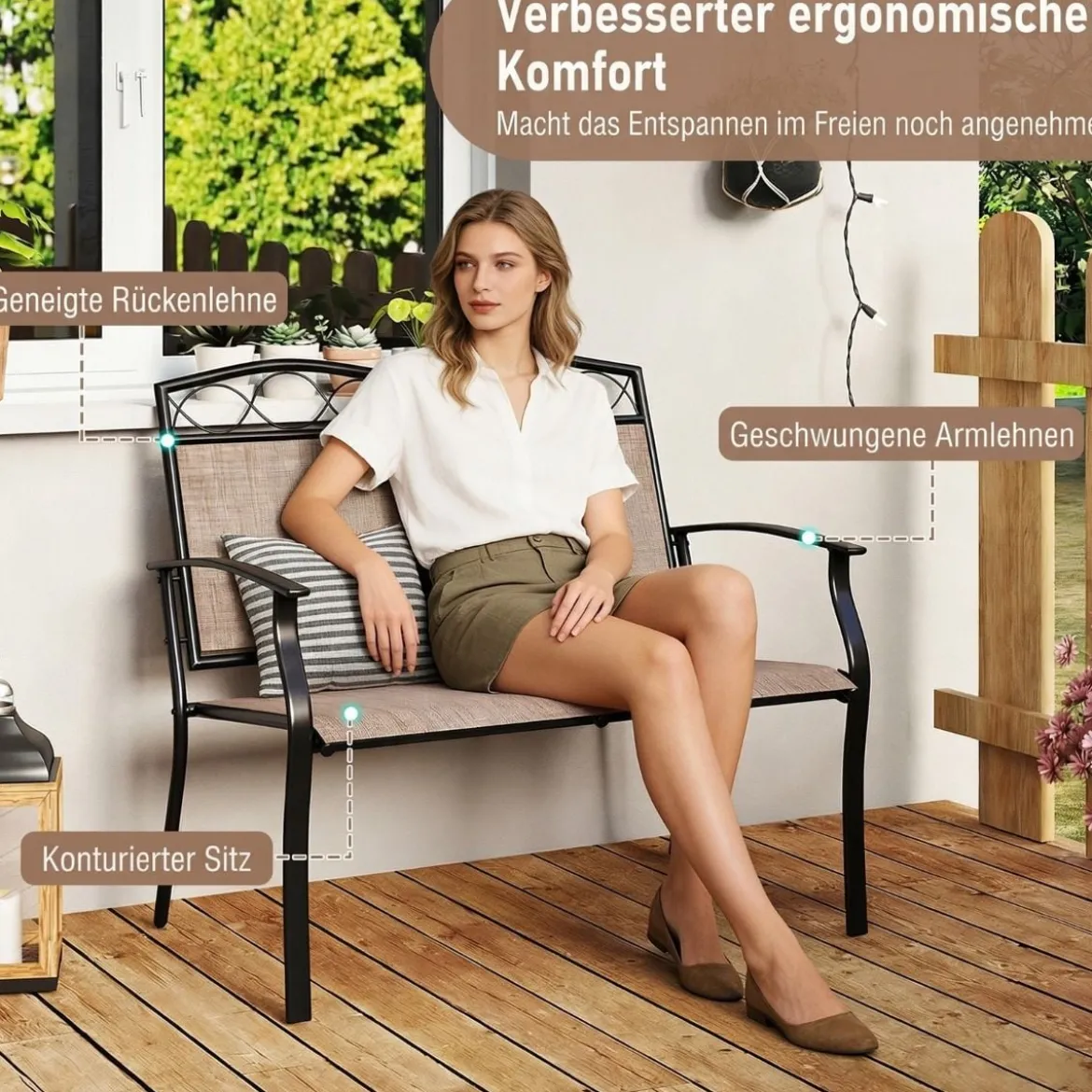 Wetterfeste Gartenbank für 2 Personen Outdoor Sitzbank bis 300 kg Belastbar Stoff Balkonbank