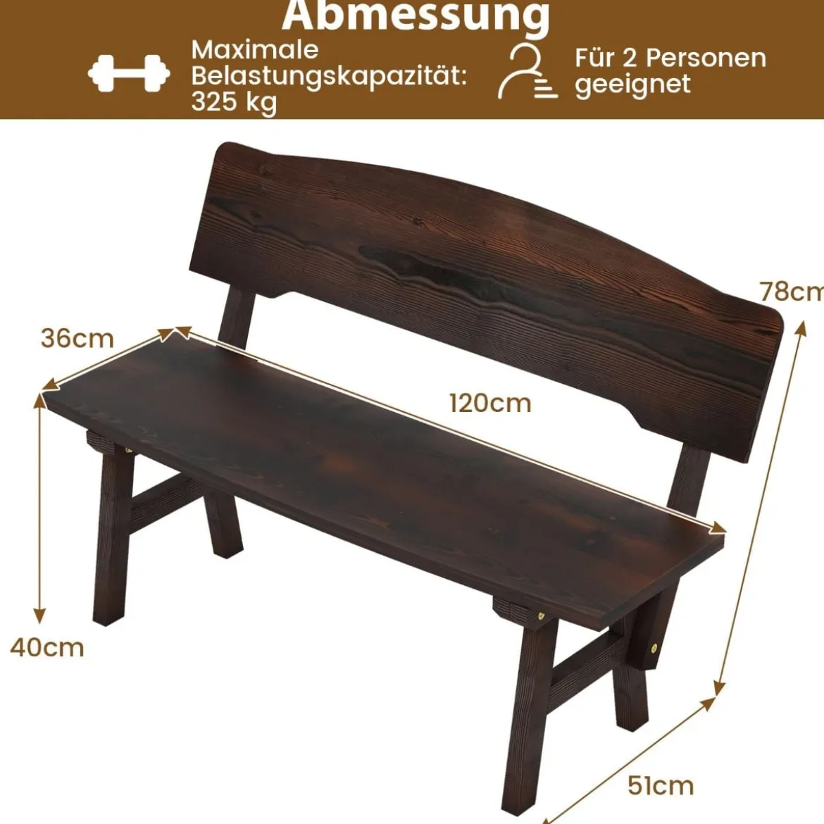 Wetterfeste Gartenbank mit Rückenlehne bis 325 kg Belastbar Parkbank Sitzbank 120 x 51 x 78 cm