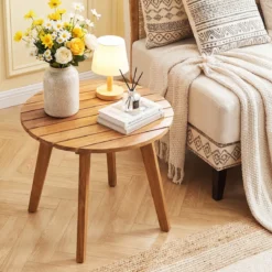 Wetterfester Beistelltisch aus Akazienholz Runder Gartentisch Kleiner Balkontisch Kaffeetisch Natur
