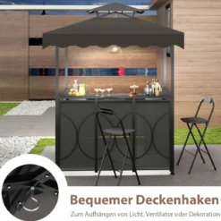 Wetterfester Grillpavillon mit Bar & 2 Barhockern Gartenpavillon mit Doppeldach & Markise Grau