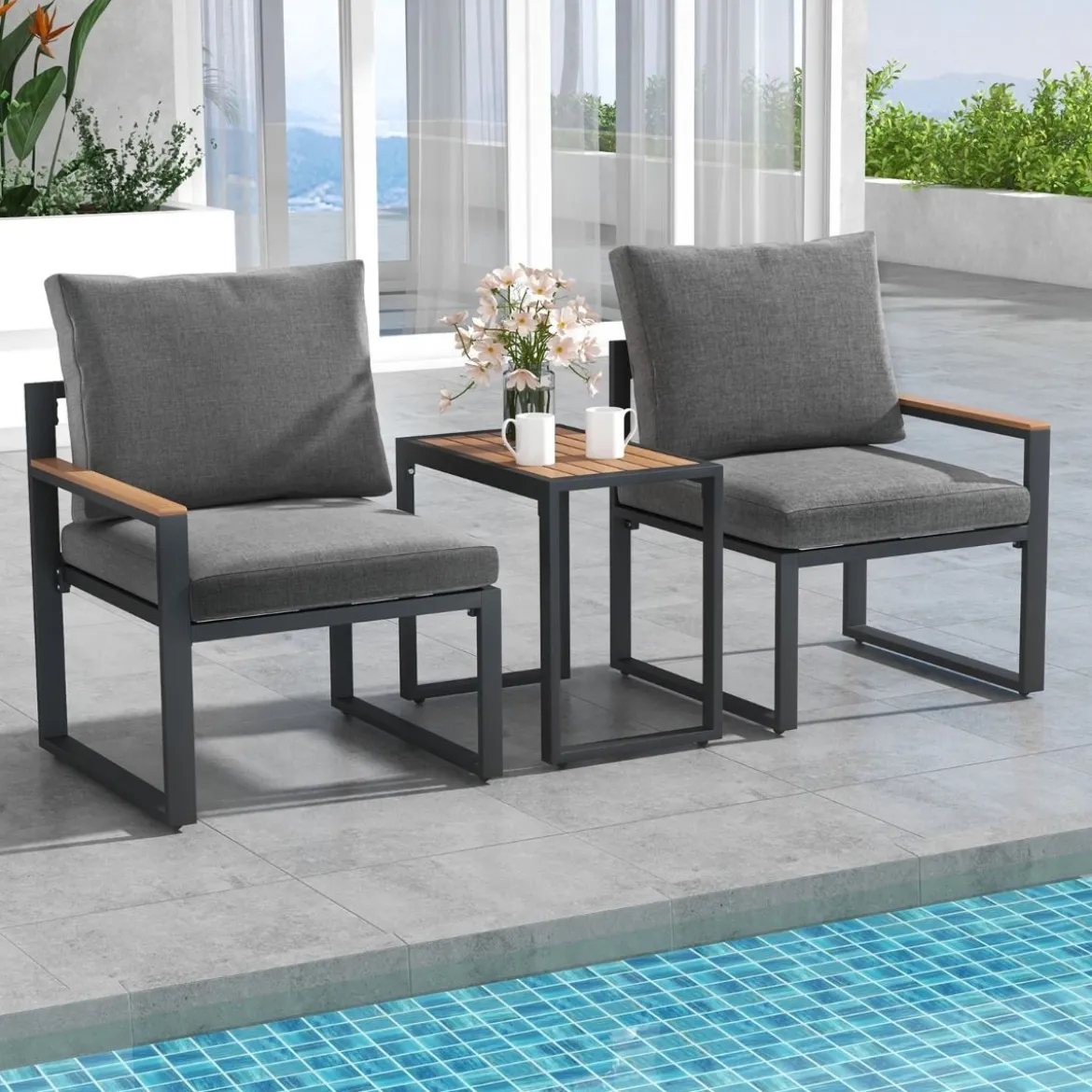 Wetterfestes Gartenmöbel Set mit Aluminiumrahmen & Weichen Kissen Balkonset mit 2 Stühlen & Tisch
