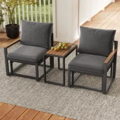 Wetterfestes Gartenmöbel Set mit Aluminiumrahmen & Weichen Kissen Balkonset mit 2 Stühlen & Tisch