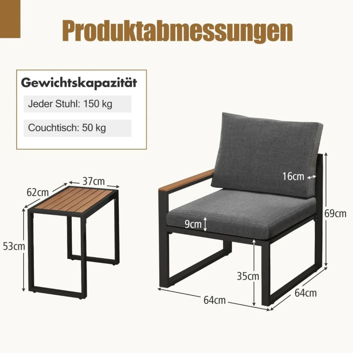 Wetterfestes Gartenmöbel Set mit Aluminiumrahmen & Weichen Kissen Balkonset mit 2 Stühlen & Tisch