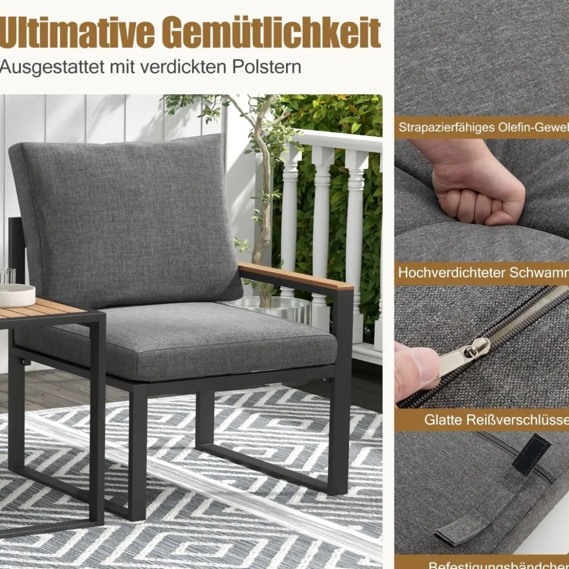 Wetterfestes Gartenmöbel Set mit Aluminiumrahmen & Weichen Kissen Balkonset mit 2 Stühlen & Tisch