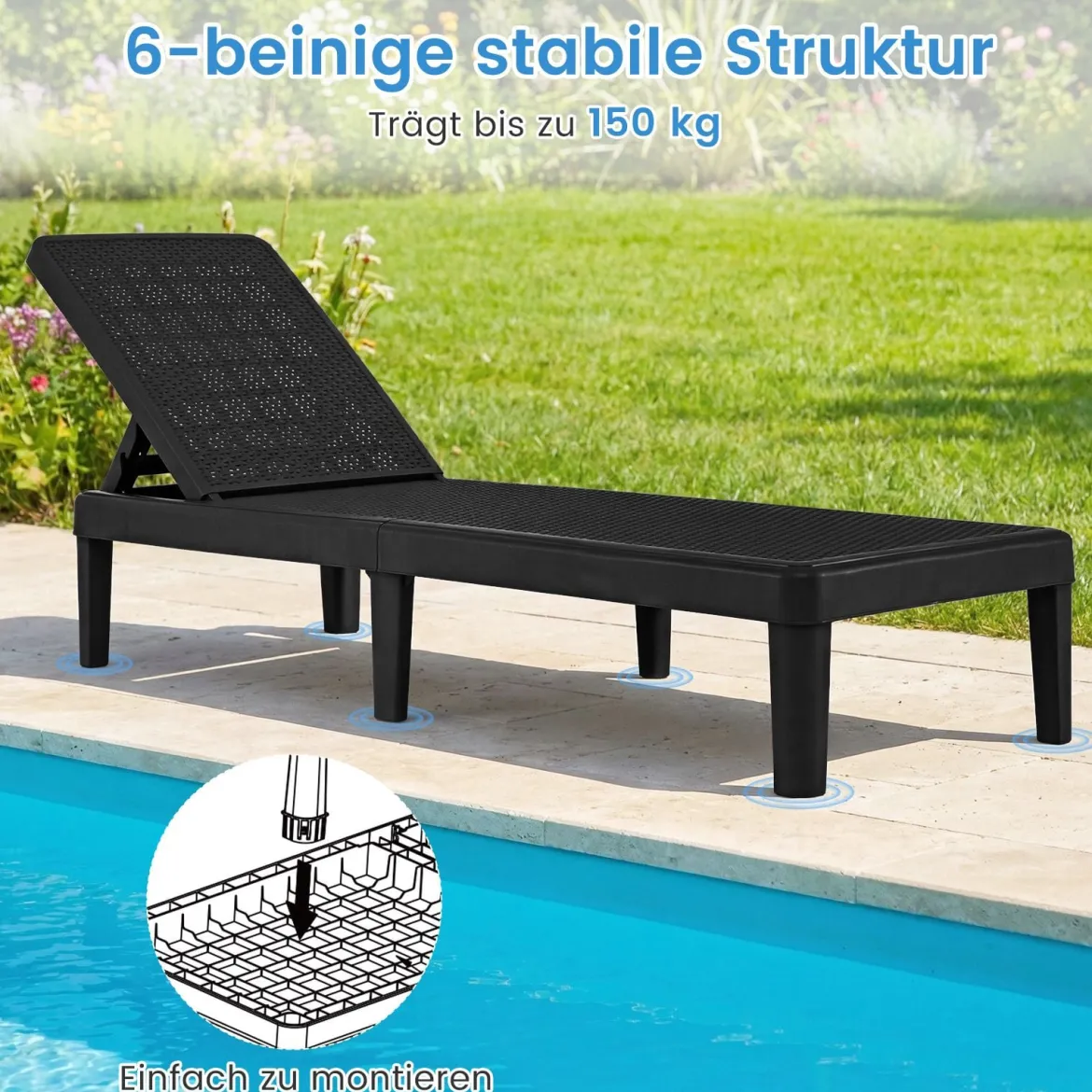 Wetterfeste Sonnenliege mit Verstellbarer Rückenlehne Kunststoff Gartenliege Balkonliege Schwarz