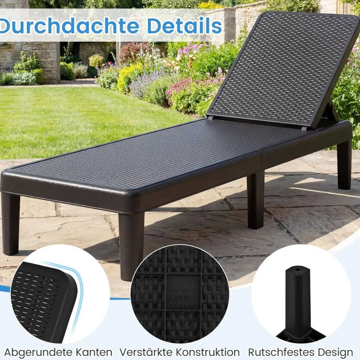 Wetterfeste Sonnenliege mit Verstellbarer Rückenlehne Kunststoff Gartenliege Balkonliege Schwarz