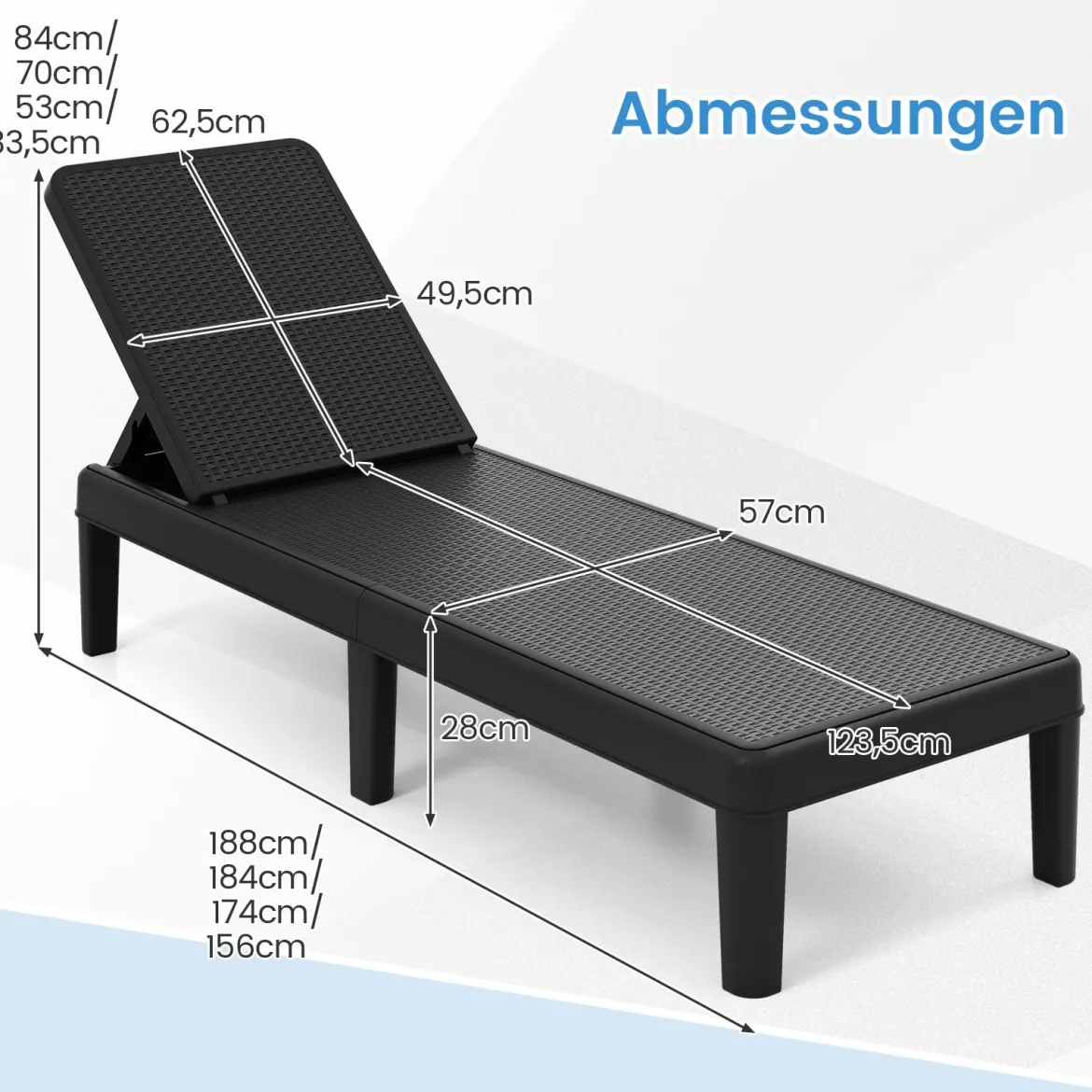 Wetterfeste Sonnenliege mit Verstellbarer Rückenlehne Kunststoff Gartenliege Balkonliege Schwarz