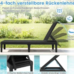 Wetterfeste Sonnenliege mit Verstellbarer Rückenlehne Kunststoff Gartenliege Balkonliege Schwarz