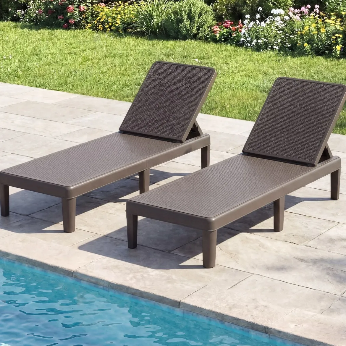 Wetterfeste Sonnenliege mit Verstellbarer Rückenlehne Kunststoff Gartenliege Balkonliege Braun