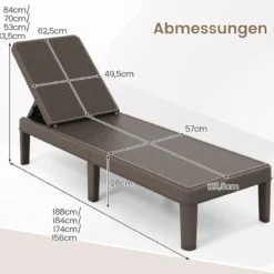 Wetterfeste Sonnenliege mit Verstellbarer Rückenlehne Kunststoff Gartenliege Balkonliege Braun