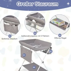 Wickeltisch Klappbarer Wickeltisch mit Rädern 80 x 75 x 99-105 cm Grau
