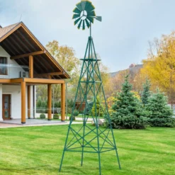 Windrad aus Metall mit 4 Stützbeinen Wetterfeste Windmühle für Garten Hof 67 x 67 x 253 cm Grün