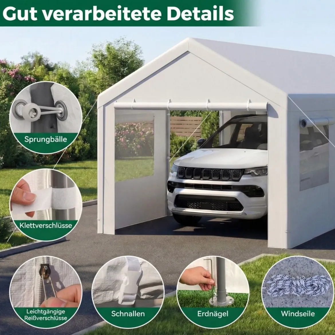 Winterfeste Zeltgarage mit Abnehmbaren Seitenwänden & Rolltüren & Belüfteten Fenstern Carport Weiß