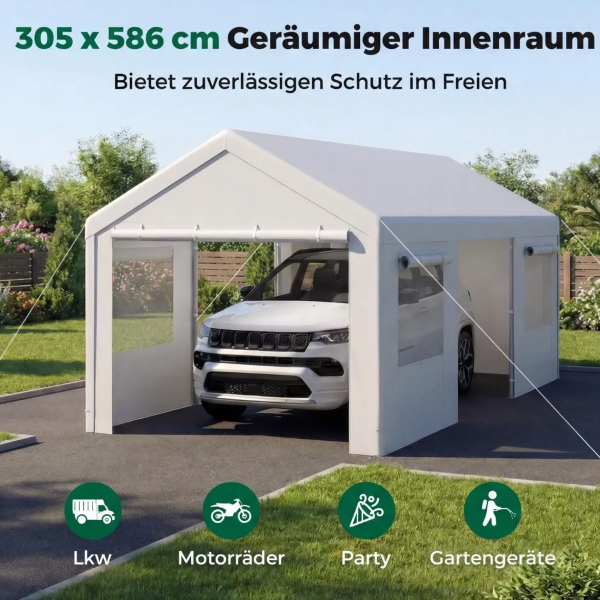 Winterfeste Zeltgarage mit Abnehmbaren Seitenwänden & Rolltüren & Belüfteten Fenstern Carport Weiß